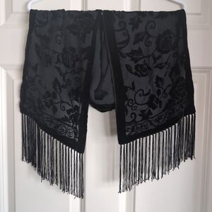 Black velvet whimsigoth scarf in floral pattern with fringe